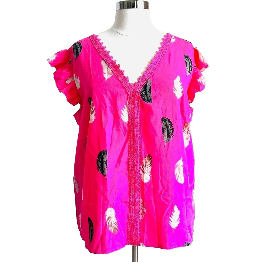 Short Flutter Sleeve‎ Blouse Hot Pink Feather Print Crochet Trim Women's 4XL